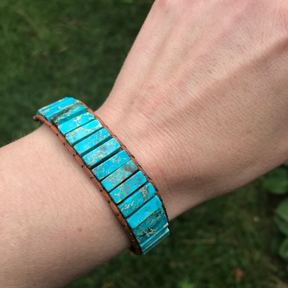 Blue Imperial Jasper Bracelet Boho Genuine Leather - Picture 2 of 8